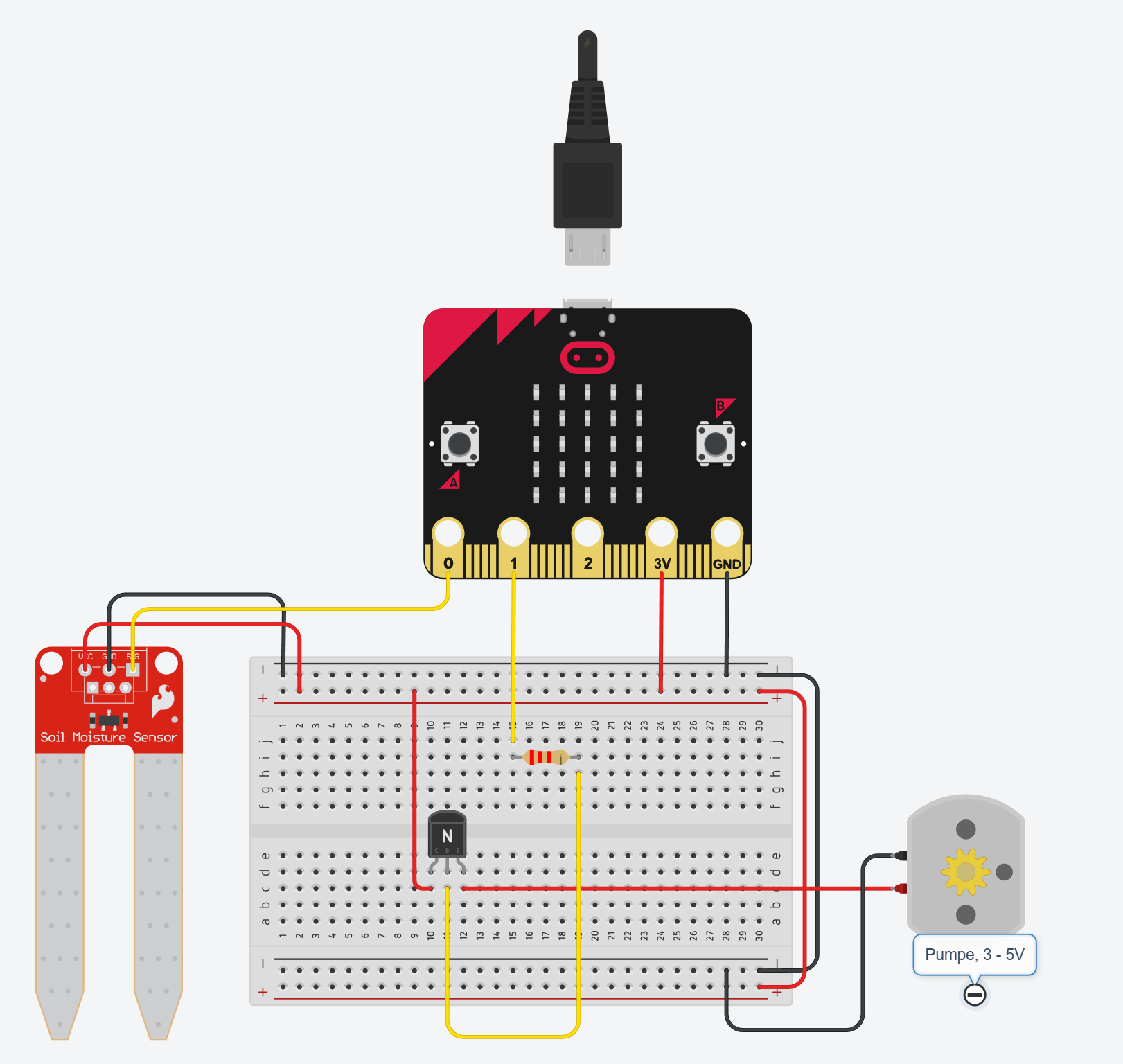 Koblingsskjema med mikrobit og komponenter